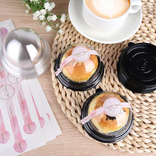 MIAHART 50 Pack Clear Plastic Mini Cupcake Container with 50 Pcs Label Stickers Baking Mini Cake Boxes Muffin Boxes Dome Box Candy Boxes, Black