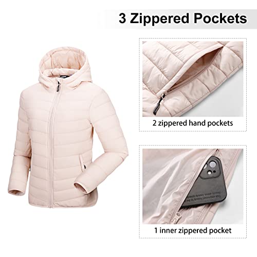 Outdoor Ventures Women's Packable Lightweight Full-Zip Puffer Jacket with Hood Quilted Winter Coat