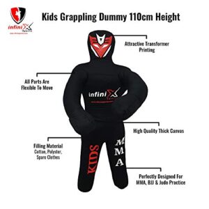 Infinix Sports Kids Grappling Dummy BJJ Wrestling Dummy for Kids Youth MMA Boxing Dummies Brazilian Jiu Jitsu Dummy Children Punching Dummy 110cm UNFILLED (Black)