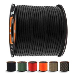 650lb paracord/parachute cord - 9 strand paracord rope - 100', 200' spools of parachute cord, type iii paracord for camping, hiking and survival (black, 100 feet)