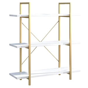 iotxy 3-tier open shelf bookcase - modern freestanding wooden display stand unit with metal frame for home and office, bookshelf, gold white