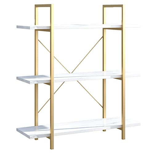 IOTXY 3-Tier Open Shelf Bookcase - Modern Freestanding Wooden Display Stand Unit with Metal Frame for Home and Office, Bookshelf, Gold White