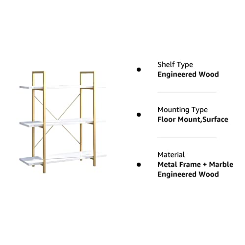 IOTXY 3-Tier Open Shelf Bookcase - Modern Freestanding Wooden Display Stand Unit with Metal Frame for Home and Office, Bookshelf, Gold White