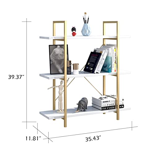 IOTXY 3-Tier Open Shelf Bookcase - Modern Freestanding Wooden Display Stand Unit with Metal Frame for Home and Office, Bookshelf, Gold White