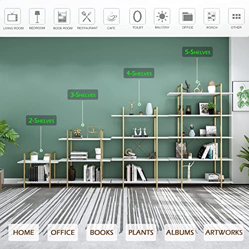 IOTXY 3-Tier Open Shelf Bookcase - Modern Freestanding Wooden Display Stand Unit with Metal Frame for Home and Office, Bookshelf, Gold White