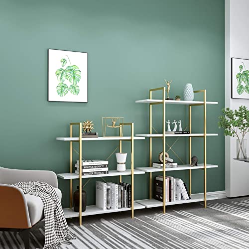 IOTXY 3-Tier Open Shelf Bookcase - Modern Freestanding Wooden Display Stand Unit with Metal Frame for Home and Office, Bookshelf, Gold White