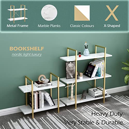 IOTXY 3-Tier Open Shelf Bookcase - Modern Freestanding Wooden Display Stand Unit with Metal Frame for Home and Office, Bookshelf, Gold White