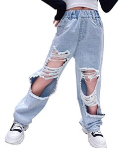 naber kids girls elastic waist cool ripped jeans washed denim wide leg ripped denim jean age 4-14 years (blue1, 13-14 years)