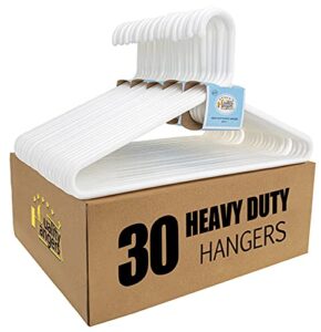quality white plastic hangers 30 pack - super heavy duty plastic clothes hanger multipack - thick strong standard closet clothing hangers with hook for scarves and belts-17 coat hangers (white, 30)