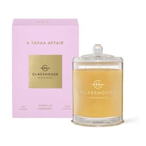 glasshouse fragrances a tahaa affair candle, triple scented natural soy wax blend, 3 wicks & glass jar, 100 hour burn time, vanilla caramel, 26.8 oz (760g)