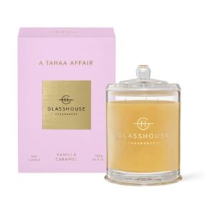 Glasshouse Fragrances A Tahaa Affair Candle, Triple Scented Natural Soy Wax Blend, 3 Wicks & Glass Jar, 100 Hour Burn Time, Vanilla Caramel, 26.8 Oz (760g)