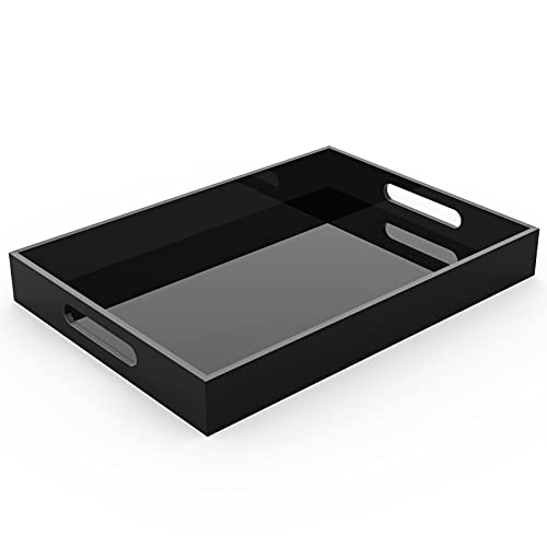 Cilinta Acrylic Serving Trays with Handles, 16"x 12" Rectangle Sturdy Breakfast Trays, Black Decorative Trays Organiser for Bedroom, Kitchen, Living Room, Bathroom, Hospital and Outdoors