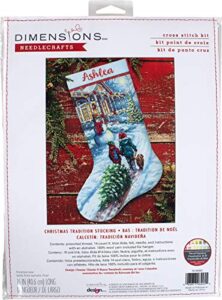 dimensions 70-08995 holiday tradition diy personalizable christmas cross stitch stocking kit, 16" l, 14 count light blue aida, various
