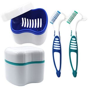 2 packs denture bath cases and 2 packs denture brushes kit, portable professional denture cups denture boxes dentures container with removable basket for home use (blue, green)