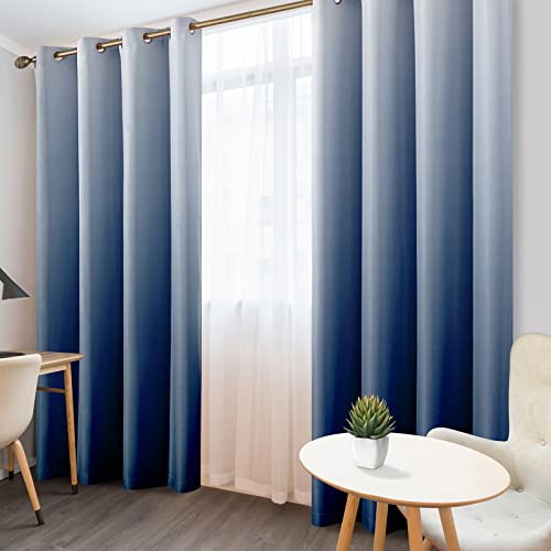 HOMEIDEAS Navy Blue Ombre Blackout Curtains 52 X 84 Inch Length Gradient Room Darkening Thermal Insulated Energy Saving Grommet 2 Panels Window Drapes for Living Room/Bedroom