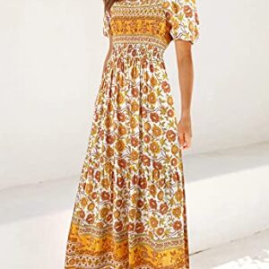 ZESICA Women's 2023 Summer Boho Floral Print Square Neck Ruffle Swing Beach Long Maxi Dress,Yellow,Medium