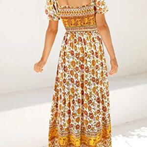 ZESICA Women's 2023 Summer Boho Floral Print Square Neck Ruffle Swing Beach Long Maxi Dress,Yellow,Medium