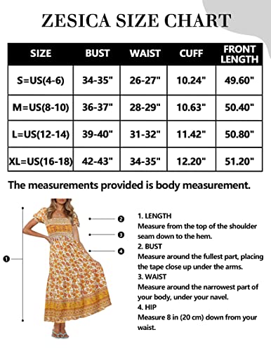 ZESICA Women's 2023 Summer Boho Floral Print Square Neck Ruffle Swing Beach Long Maxi Dress,Yellow,Medium