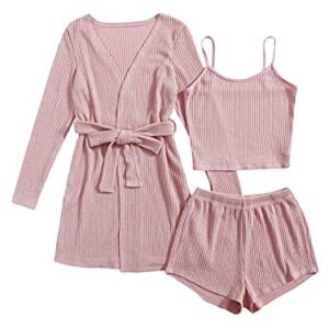 SOLY HUX Womens Pajama Sets 3 Piece Lounge Set Ribbed Knit Cami Top and Shorts Soft Sleepwear with Robe Cardigan Pink S