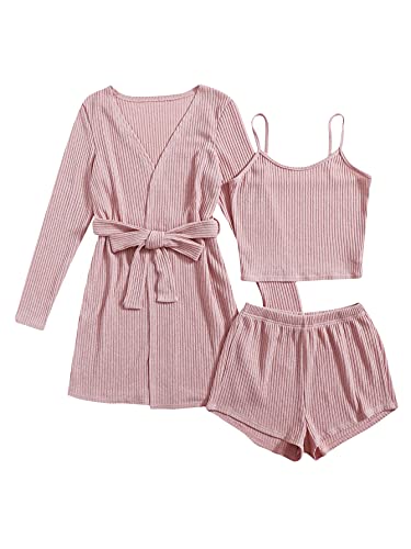 SOLY HUX Womens Pajama Sets 3 Piece Lounge Set Ribbed Knit Cami Top and Shorts Soft Sleepwear with Robe Cardigan Pink S