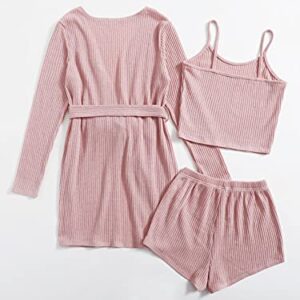 SOLY HUX Womens Pajama Sets 3 Piece Lounge Set Ribbed Knit Cami Top and Shorts Soft Sleepwear with Robe Cardigan Pink S