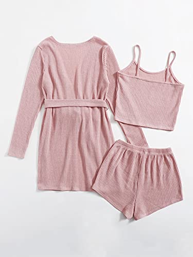 SOLY HUX Womens Pajama Sets 3 Piece Lounge Set Ribbed Knit Cami Top and Shorts Soft Sleepwear with Robe Cardigan Pink S