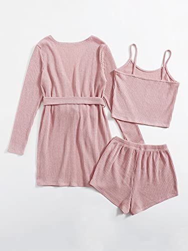 SOLY HUX Womens Pajama Sets 3 Piece Lounge Set Ribbed Knit Cami Top and Shorts Soft Sleepwear with Robe Cardigan Pink M