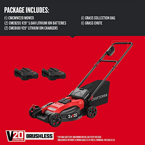 CRAFTSMAN V20 Lawn Mower, Push Mower, Lightweight and Portable, Grass Bag, Battery and Charger Included (CMCMW220P2)