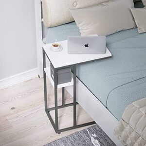 CubiCubi C Shaped End/ Side Table for Couch and Bed, Living Room Bedroom, Small Rustic Table with Metal Frames, Modern Design, White