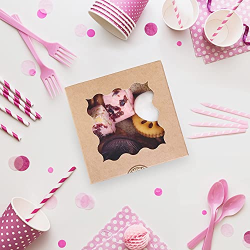 TAOUNOA 80 Pack Bakery Boxes with Window, Christmas Cookie Boxes 4x4x2.5 Inches Kraft Paper Mini Cake Boxes Holiday Cupcake Boxes for Gift Giving for Strawberries Cupcakes Pastry Dessert, Brown