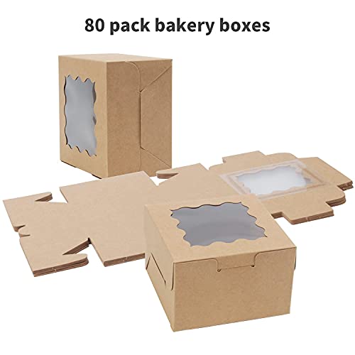 TAOUNOA 80 Pack Bakery Boxes with Window, Christmas Cookie Boxes 4x4x2.5 Inches Kraft Paper Mini Cake Boxes Holiday Cupcake Boxes for Gift Giving for Strawberries Cupcakes Pastry Dessert, Brown