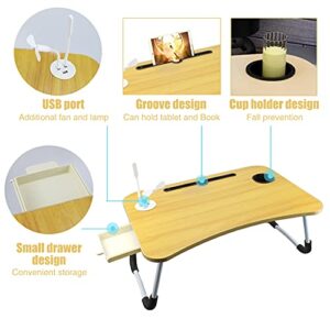 Laptop Stand for Bed with USB,Foldable Desk Bed Tray with USB Charge Port/Fan/LED Light Cup Holder/Storage Drawer, Bed Table Tray for Working, Watching Movie on Bed/Couch/Sofa/Floor by QPEY