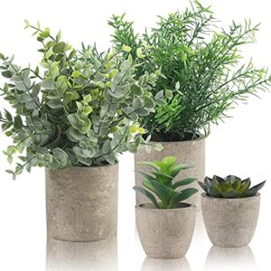 alagirls small fake plants set of 4 - eucalyptus rosemary succulents plants artificial in pots for home decor indoor - mini faux potted plants for bedroom bathroom living room desk shelf decoration