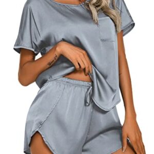 Ekouaer Womens Satin Pajamas Shorts Set Silky Short Sleeve Sleepwear Nightwear Pj Set Grey M