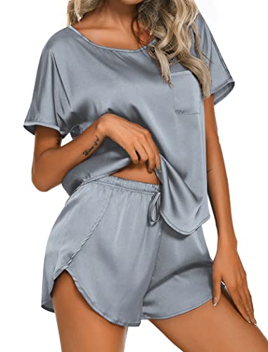 Ekouaer Womens Satin Pajamas Shorts Set Silky Short Sleeve Sleepwear Nightwear Pj Set Grey M