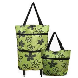 trolley folding shopping bag collapsible two-stage zipper folding shopping bags 2 in 1 foldable shopping portable cart with wheels lightweight storage bag for shopping fruits vegetables (green flora)