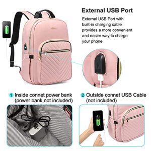 LOVEVOOK Laptop Backpack Purse for Women, Work Business Travel Computer Bags, College Nurse Backpack for Womens, Quilted Casual Daypack with USB Port, Fit 15.6 Inch Laptop, Light Pink