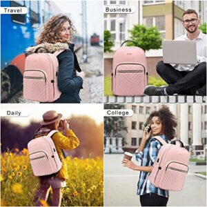 LOVEVOOK Laptop Backpack Purse for Women, Work Business Travel Computer Bags, College Nurse Backpack for Womens, Quilted Casual Daypack with USB Port, Fit 15.6 Inch Laptop, Light Pink