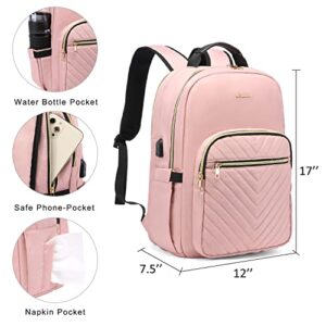 LOVEVOOK Laptop Backpack Purse for Women, Work Business Travel Computer Bags, College Nurse Backpack for Womens, Quilted Casual Daypack with USB Port, Fit 15.6 Inch Laptop, Light Pink