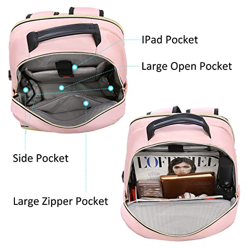 LOVEVOOK Laptop Backpack Purse for Women, Work Business Travel Computer Bags, College Nurse Backpack for Womens, Quilted Casual Daypack with USB Port, Fit 15.6 Inch Laptop, Light Pink