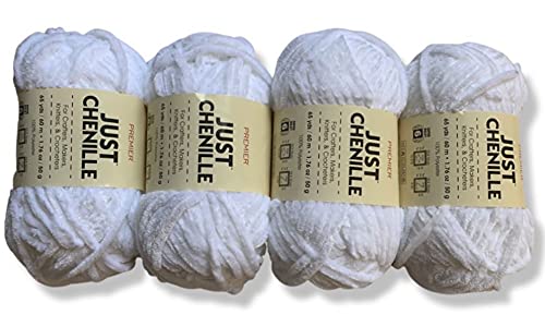 (4-Pack) JUST Skeins Velvet Chenille Yarn Soft Yarn for Crochet Knit - Total Length 4×60m (4×65yds, 50g×4) (White)