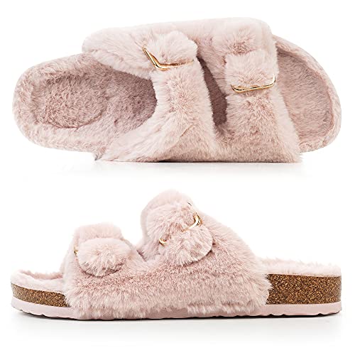 FITORY Womens Open Toe Slipper with Cozy Lining,Faux Rabbit Fur Cork Slide Sandals Pink Size 8