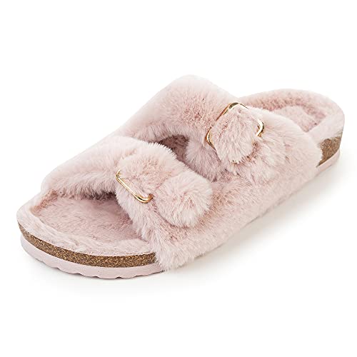 FITORY Womens Open Toe Slipper with Cozy Lining,Faux Rabbit Fur Cork Slide Sandals Pink Size 8