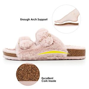 FITORY Womens Open Toe Slipper with Cozy Lining,Faux Rabbit Fur Cork Slide Sandals Pink Size 8