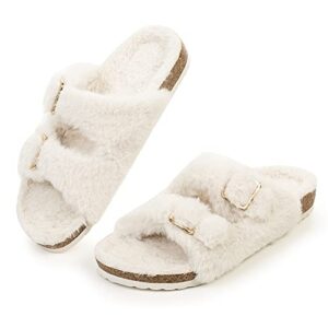fitory womens open toe slipper with cozy lining,faux rabbit fur cork slide sandals beige size 8
