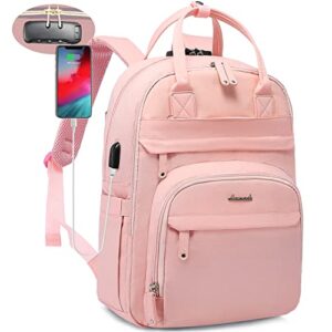 lovevook laptop backpack for women, travel anti-theft work bag business computer backpacks purse college bag, casual hiking daypack with lock, 15.6 inch, light pink