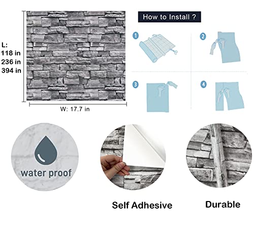 auxua Brick Wallpaper Peel and Stick for Bathroom Bedroom,Faux 3D Brick Waterproof Grey Wall Paper Self Adhesive,Removable Vintage Stone Contact Vinyl Gray Wallpaper (17.7"x394")