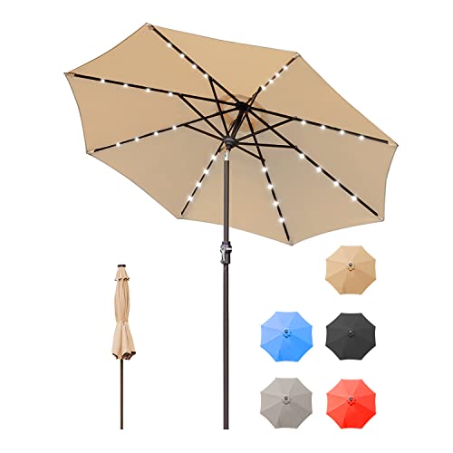 Zersun 9FT Patio Umbrella, Solar Powered LED Umbrellas with 32 LED Lights 8 Ribs/Tilt Adjustment and Crank Lift System for Garden, Backyard and Pool - Tan