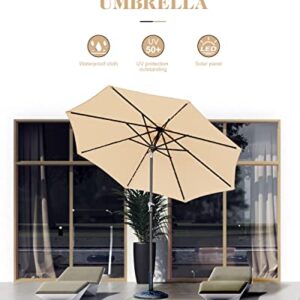 Zersun 9FT Patio Umbrella, Solar Powered LED Umbrellas with 32 LED Lights 8 Ribs/Tilt Adjustment and Crank Lift System for Garden, Backyard and Pool - Tan