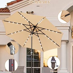 Zersun 9FT Patio Umbrella, Solar Powered LED Umbrellas with 32 LED Lights 8 Ribs/Tilt Adjustment and Crank Lift System for Garden, Backyard and Pool - Tan